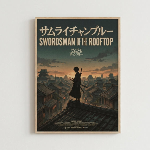 May include: Framed anime-style poster hanging on white wall showing silhouetted samurai figure standing on traditional Japanese rooftops at sunset. Artwork features muted green, orange and brown tones with Japanese text above English title "Swordsman of the Rooftop". Light wood frame surrounds dark atmospheric illustration of historic Japanese cityscape with pagodas and tiled buildings stretching to horizon under cloudy twilight sky.