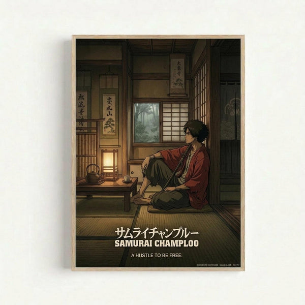 May include: Framed poster print featuring anime-style illustration of a young man with dark hair in red and green clothing sitting in a traditional Japanese room with tatami mats, wooden architecture, sliding doors, hanging scrolls with Japanese calligraphy, and a low table with teapot. The artwork has warm brown and golden tones with text reading "Samurai Champloo" and "A hustle to be free." The frame appears light wood-colored against a white wall.
