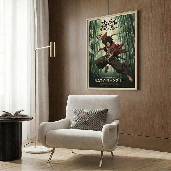 May include: Framed anime poster featuring a dark-haired samurai character in red and brown clothing wielding a sword, leaping through a green bamboo forest. The poster hangs on a wood-paneled wall above a beige upholstered armchair with geometric patterned pillow. Modern living room setting includes a brass floor lamp and dark round side table with open book.