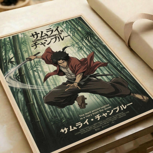 May include: Anime poster print displayed on white fabric surface showing samurai character with dark hair in red and brown clothing wielding sword in bamboo forest setting. Japanese text at top and bottom, green forest background. Poster has light wooden frame, shown with white ribbon nearby.