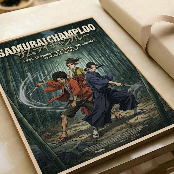 May include: Anime-style poster print featuring three samurai characters in traditional Japanese clothing running through a bamboo forest. The artwork shows dynamic action with flowing robes in red, blue, and green colors against a misty forest background. Print appears mounted on cream-colored paper with white ribbon nearby, displayed on a light wooden surface.