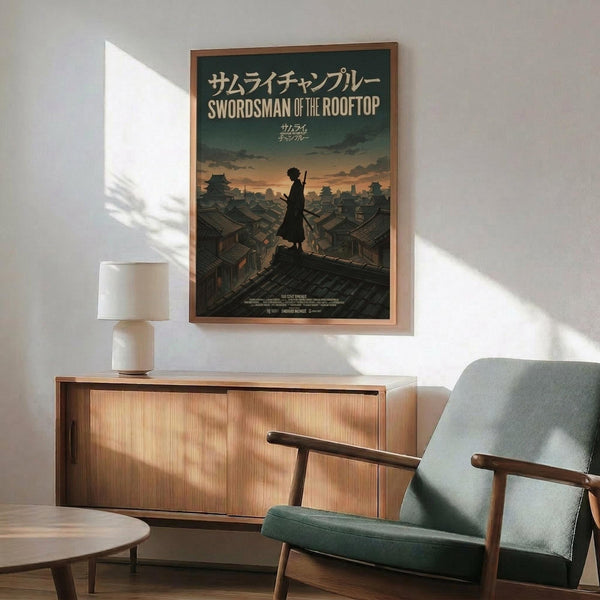 May include: Framed anime poster showing silhouetted samurai figure standing on traditional Japanese rooftop overlooking historic cityscape at sunset. Dark teal and warm orange colors with Japanese and English text. Displayed above wooden sideboard with white lamp and teal mid-century modern armchair in minimalist room with natural lighting.
