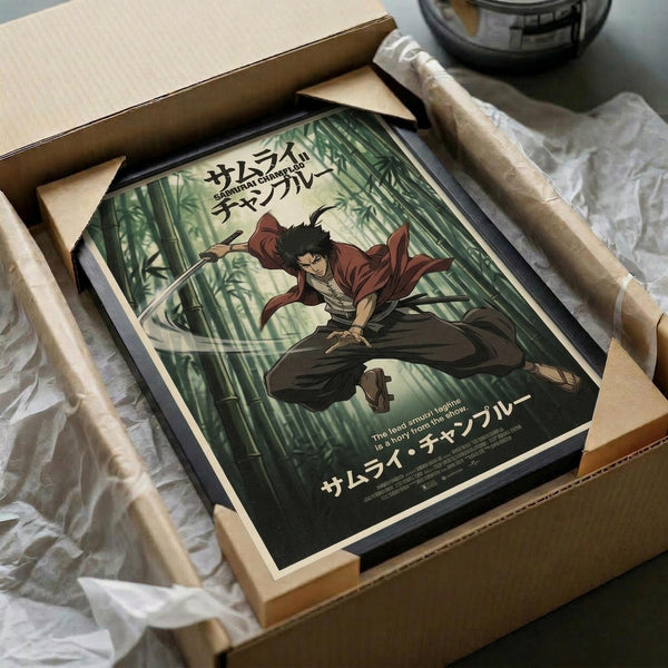 May include: Framed anime poster showing a samurai character in red and brown clothing leaping through a green bamboo forest. The artwork features Japanese text and displays vibrant colors against a natural backdrop. Frame sits in an open cardboard shipping box with white tissue paper padding on a light surface.