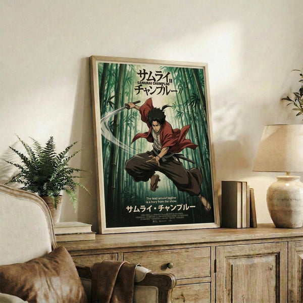 May include: Framed anime poster displayed on rustic wooden sideboard in cozy living room setting. Shows samurai character in red clothing wielding sword among green bamboo forest background with Japanese text. Natural wood frame, surrounded by fern plant, ceramic vase, books, and beige upholstered chair with brown throw pillow.