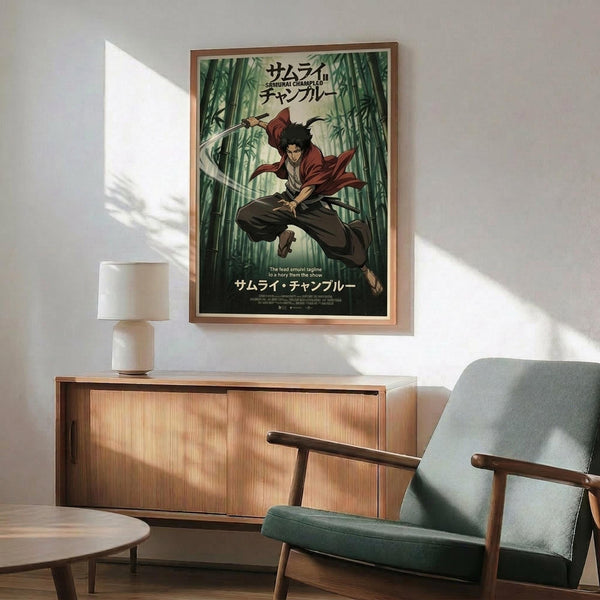 May include: Framed anime poster showing a samurai character with dark hair in red jacket and dark pants, wielding a sword among green bamboo forest. Japanese text at top and bottom. Wooden frame hangs above mid-century modern furniture including teal upholstered chair with wooden arms, wooden sideboard, and white table lamp. Sunlight creates shadows on white wall.