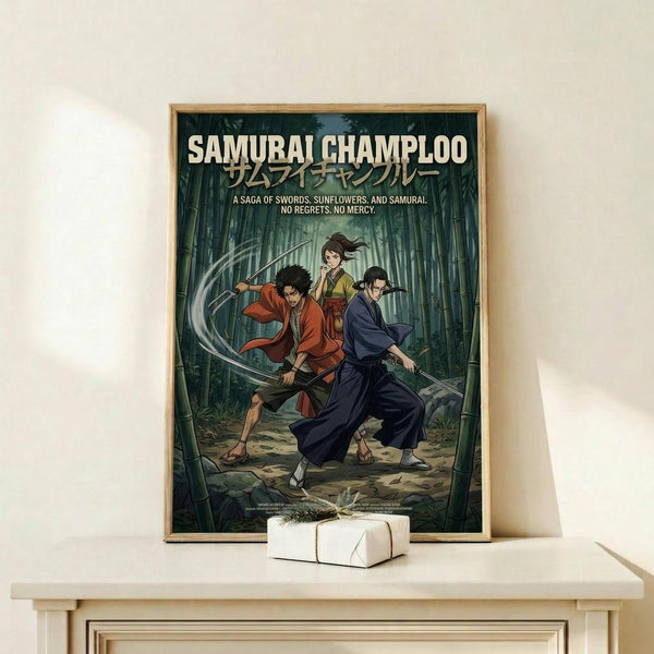 May include: Framed anime-style poster displayed on light wood shelf against white wall. Shows three samurai characters with swords in bamboo forest setting - one in red outfit, one female character, one in dark blue robes. Green forest background with Japanese and English text at top. Small wrapped gift box sits in front of frame. Natural lighting creates soft shadows on minimal shelf display.