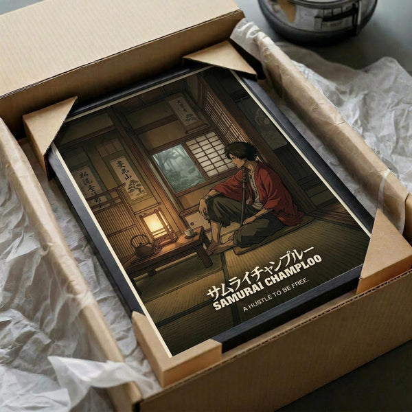 May include: Anime-style poster print in wooden frame showing samurai character in red kimono sitting in traditional Japanese interior with tatami mats, sliding doors, and calligraphy scrolls. Frame sits in cardboard shipping box with protective paper wrapping on white fabric surface.
