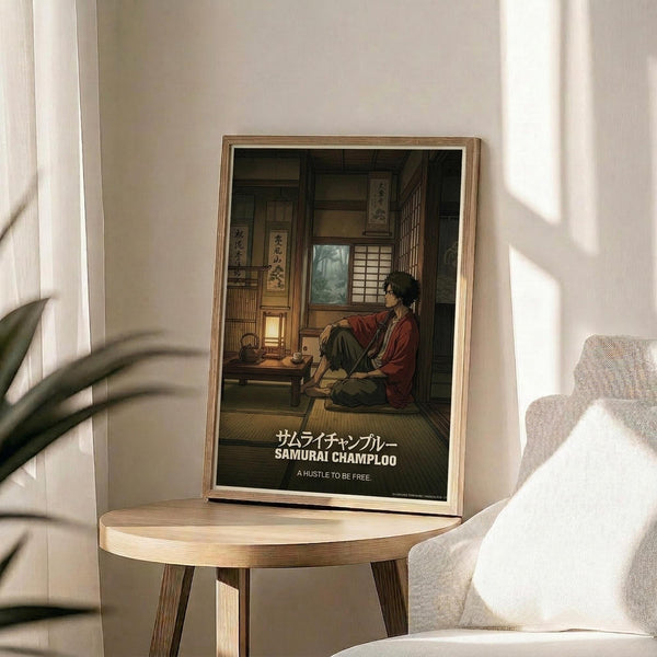 May include: Framed anime poster displayed on round wooden side table next to beige upholstered chair. Artwork shows character in red jacket sitting in traditional Japanese room with tatami mats, wooden architecture, and calligraphy scrolls. Japanese and English text at bottom reads "Samurai Champloo" and "A Hustle to be Free." Natural lighting creates soft shadows on white wall behind. Plant leaves visible in corner.