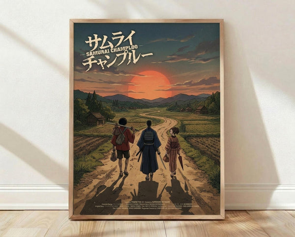 May include: Framed anime-style poster showing three silhouetted figures walking down a dirt path through rural farmland at sunset. The artwork features warm orange and red sky colors contrasting with green fields and mountains in the background. Japanese text appears at the top in cream lettering. The poster is displayed in a light wood frame, leaning against a white wall on wooden flooring with natural lighting casting shadows.