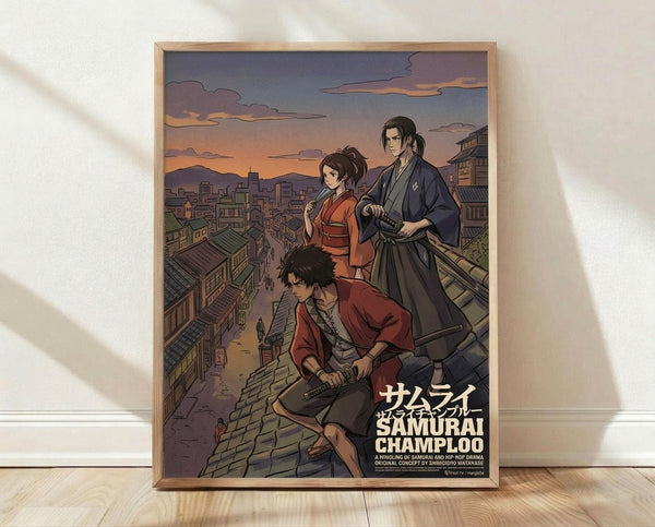 May include: Framed anime poster showing three characters in traditional Japanese clothing on rooftop overlooking historic town at sunset. Features two samurai warriors and woman in kimono against orange-purple sky with mountains. Wooden frame displayed on light wood floor against white textured wall with natural lighting casting shadows.
