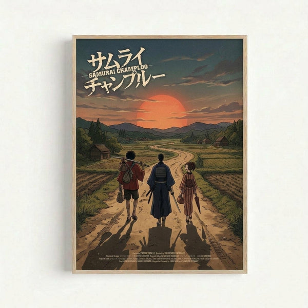 May include: Framed anime poster showing three characters walking down a dirt road at sunset. The artwork features warm orange and red sky colors with rolling hills and farmland in the background. Japanese text appears at the top. The poster is displayed in a light wooden frame against a white wall, showing the vintage-style illustration with detailed rural landscape scenery.