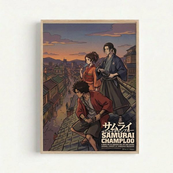 Framed anime poster featuring three characters on traditional Japanese rooftops at sunset. A young man with dark hair sits in foreground wearing red clothing and holding a sword. Behind him stands a woman in orange kimono and a tall man in blue robes with long dark hair. The background shows a sprawling city with traditional architecture under a purple and orange twilight sky. The artwork has a detailed illustration style with Japanese text at the bottom. Light wooden frame against white wall.