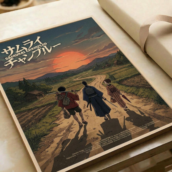May include: Vintage-style anime poster print featuring three characters walking along a dirt path at sunset. Shows samurai and travelers in traditional Japanese clothing against rolling hills and orange-pink sky. Japanese text appears in upper left corner. Print displayed on wooden surface with white paper roll nearby, creating warm natural lighting and artistic flat lay presentation.
