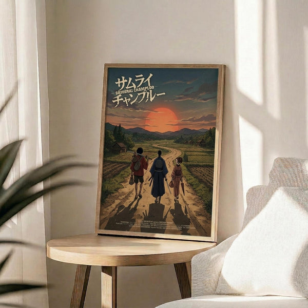 May include: Framed anime poster displayed on round wooden side table next to beige upholstered chair and houseplant. Artwork shows three characters walking down dirt road toward sunset with mountains in background, featuring Japanese text at top. Natural sunlight streams across white wall creating soft shadows in minimalist living room setting.