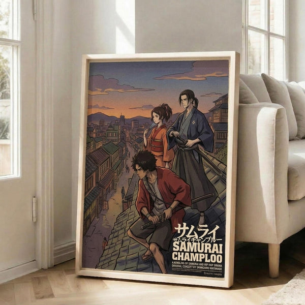 May include: Framed anime poster leaning against white wall next to beige sofa in bright living room. Shows three characters on rooftop overlooking traditional Japanese town at sunset - woman in red kimono, tall man in dark blue robes, and seated figure in burgundy clothing. Warm orange and purple sky with detailed cityscape below. Light wood frame, approximately 2-3 feet tall, positioned on hardwood floor near large windows.