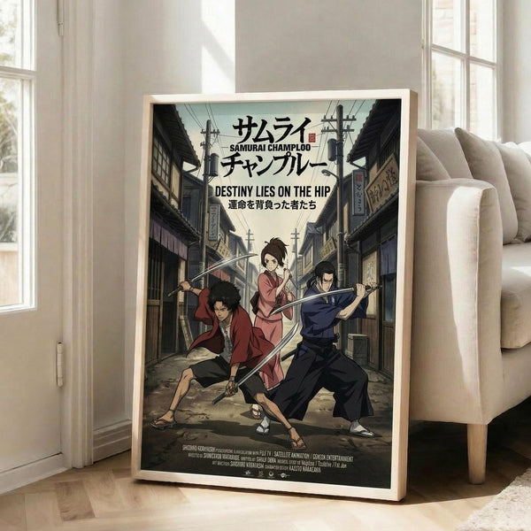 May include: Framed anime poster displayed in bright living room with beige couch and white walls. The colorful artwork shows three sword-wielding characters in traditional Japanese clothing positioned on a historic street scene. Japanese and English text appears at top reading "Samurai Champloo" and "Destiny Lies on the Hip." The poster has a light wood frame and leans against the wall on hardwood flooring near large windows.