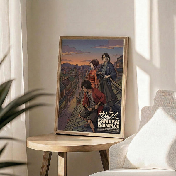 May include: Framed anime poster featuring three characters on a rooftop overlooking a traditional Japanese town at sunset. The artwork shows detailed illustration in warm orange and purple tones with Japanese text at bottom. Golden wooden frame sits on a round natural wood side table next to a beige upholstered chair, with green plant leaves visible and soft window light creating shadows on white walls.