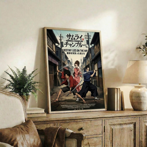 May include: Framed anime poster displayed on wooden console table in modern living room. Shows three samurai characters with swords in traditional Japanese street setting. Poster features Japanese text at top, colorful anime art style with detailed character illustrations. Console has drawers, holds books, ceramic vase, and small plant. Beige armchair visible on left, neutral wall background.