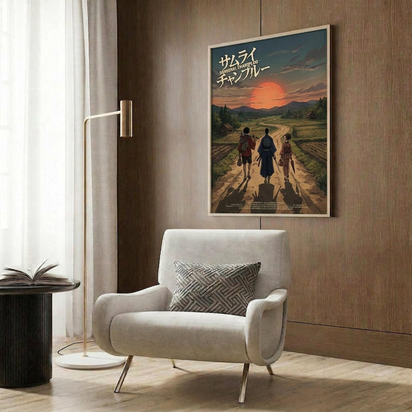 May include: A framed anime poster mounted on a wood-paneled wall above a cream upholstered armchair with geometric pillow. The poster shows three figures walking down a dirt path toward a red sunset with Japanese text at the top. A brass floor lamp and side table with open book are positioned nearby, with natural light filtering through sheer curtains.
