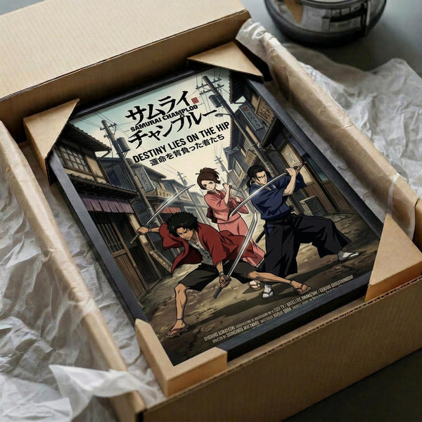 May include: Framed anime poster in cardboard shipping box with protective wrapping. Shows three samurai characters in traditional Japanese street setting with wooden buildings. Two male warriors in red and dark blue clothing hold swords, one female character in pink kimono between them. Japanese text at top reads "Samurai Champloo" with English subtitle. Artwork has vibrant colors and detailed animation style depicting Edo period town scene.