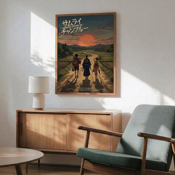 May include: Framed anime poster hanging on white wall above wooden sideboard, showing three characters walking on dirt path toward sunset with mountains in background. Japanese text at top. Mid-century modern room with mint green upholstered chair, white table lamp, and natural lighting creating shadows on wall.