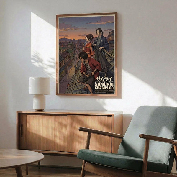 May include: Framed anime poster showing three characters on rooftop at sunset with traditional Japanese town below, displayed above wooden sideboard with white table lamp in modern living room with teal upholstered chair and round coffee table, natural sunlight casting shadows on white wall