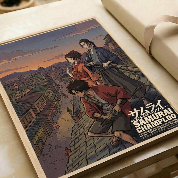 Anime-style poster print featuring three characters on a rooftop at sunset. A young man in red sits on tiled roof edge, a woman in orange kimono stands behind him, and a tall man in blue robes with sword stands in back. Traditional Japanese buildings sprawl below under purple-orange sky. Print has cream border and lies on white surface next to rolled paper tube.