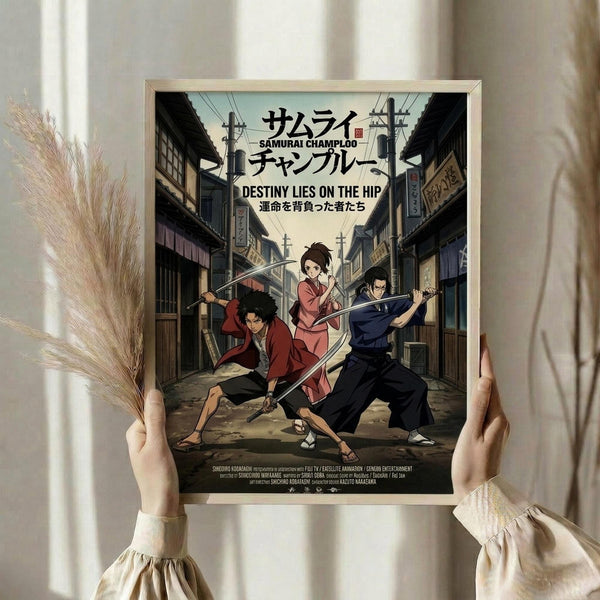 May include: Hands holding a framed anime poster in warm natural light next to dried pampas grass. The poster shows three samurai characters with swords on a traditional Japanese street scene. Features Japanese text at top, English subtitle "Destiny Lies on the Hip" and detailed animation artwork in earth tones of red, blue, and brown. Light wooden frame against cream curtained background.