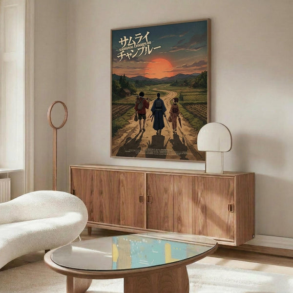 May include: Framed anime poster hanging above wooden sideboard in modern living room. Poster shows three silhouetted figures walking on dirt path toward sunset with Japanese text. Room features white curved chair, glass-top coffee table, white table lamp, and neutral walls with natural lighting.