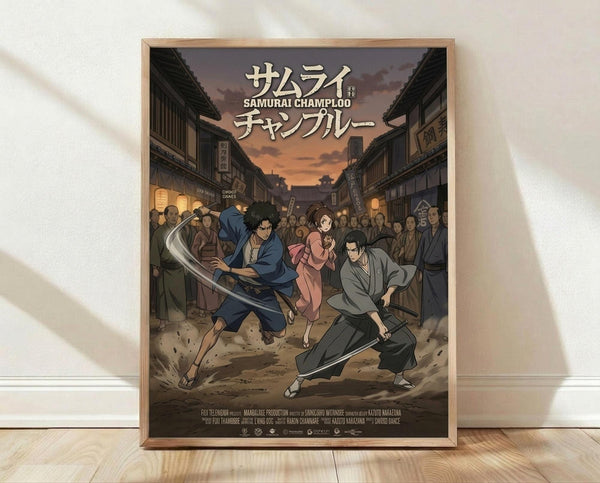 May include: Framed anime poster displayed against white wall on wooden floor. Shows two samurai warriors with katana swords in dynamic fighting poses on traditional Japanese street at sunset. Female character in pink kimono stands between them. Crowd of onlookers and traditional buildings with lanterns in background. Japanese text at top reads "Samurai Champloo." Warm orange and purple sky colors. Light wood frame.