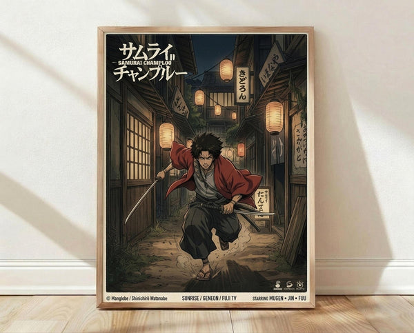 May include: Framed anime poster showing a black-haired samurai character in red jacket and dark pants running through a narrow Japanese alley at night. Traditional paper lanterns glow warmly overhead, casting light on wooden buildings with shop signs. The artwork has detailed illustration style with muted earth tones. Light wooden frame sits against white wall on hardwood flooring with natural lighting creating soft shadows.