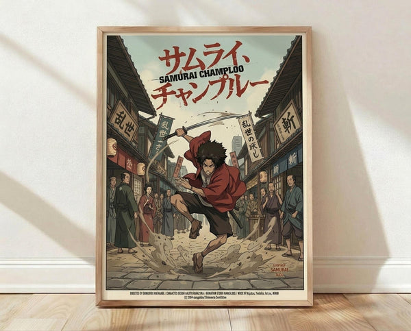 May include: Framed anime poster leaning against white wall on light wooden floor. Shows samurai character with dark hair in red clothing mid-action with sword, surrounded by crowd on traditional Japanese street. Japanese text at top in red characters with "SAMURAI CHAMPLOO" in English below. Muted color palette with detailed illustration style. Natural wood frame, warm lighting with soft shadows.