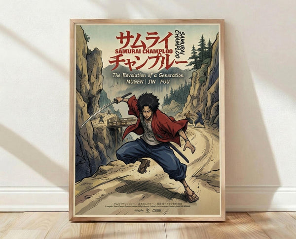 May include: Framed anime poster featuring a samurai character with black hair in red and blue clothing, wielding a sword in dynamic action pose. Japanese text at top with English subtitle "The Revolution of a Generation MUGEN JIN FUU". Mountainous landscape background with bridge and trees. Vintage-style artwork in muted earth tones. Light wooden frame displayed against white wall on wooden floor with soft natural lighting.