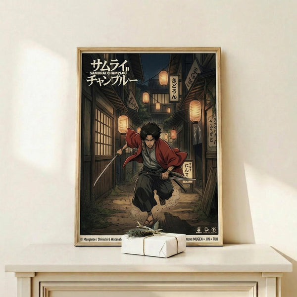 May include: Framed anime poster showing a samurai character with dark hair in red jacket and dark pants running through a traditional Japanese street at night. Paper lanterns glow overhead between wooden buildings with sliding doors and shop signs. Poster has Japanese text at top and credits at bottom. Light wood frame sits on white wooden shelf next to small white wrapped package against cream wall.