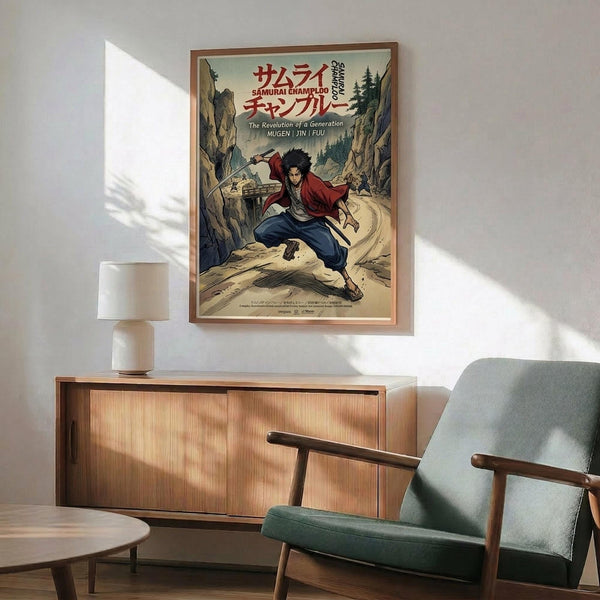 May include: Framed anime poster hanging on white wall above wooden sideboard in modern living room. Features samurai character with long dark hair in red and blue clothing wielding sword in mountainous landscape. Warm sunlight streams across mint green mid-century chair and cream table lamp. Natural wood frame complements furniture's warm tones.