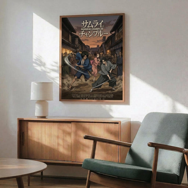 May include: Framed anime poster showing two samurai warriors with swords in traditional Japanese street setting with crowd watching, displayed above wooden sideboard with lamp in modern living room with mint green armchair and natural sunlight streaming across white wall.