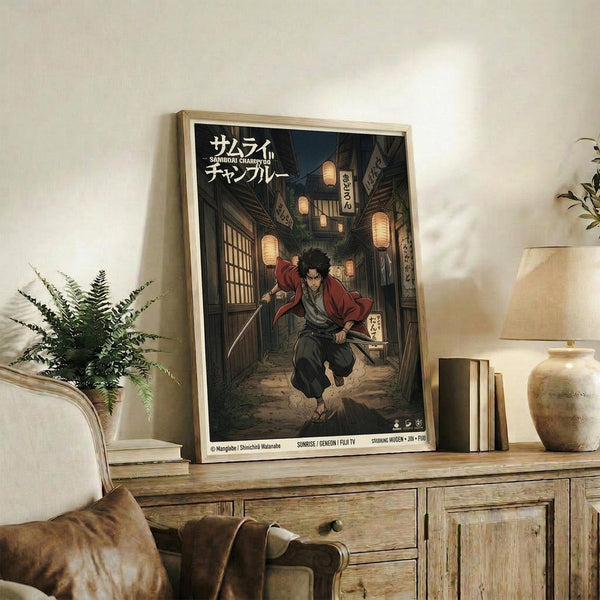 May include: Framed anime poster displayed on rustic wooden sideboard in cozy living room setting. Artwork shows samurai character with black hair in red jacket running through traditional Japanese street with glowing paper lanterns. Poster features Japanese text and evening alley scene. Natural wood frame, surrounded by potted fern, ceramic vase, stacked books, and beige upholstered furniture with warm lighting.