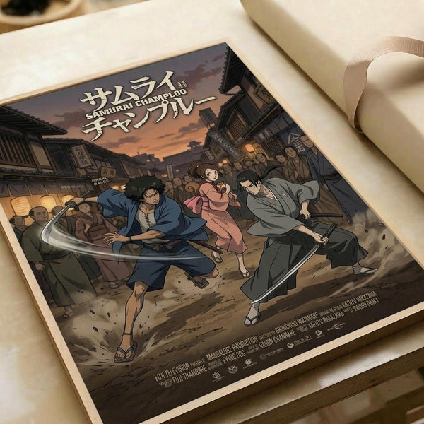 May include: Anime poster print showing three characters in traditional Japanese setting at sunset. Left character in blue robes holds curved sword, center shows girl in pink kimono, right shows man in gray clothing with katana. Background depicts historic Japanese street with wooden buildings and crowd of people. Poster lies flat on white surface with rolled paper tubes nearby. Art style features detailed illustration with warm orange and purple sky colors.