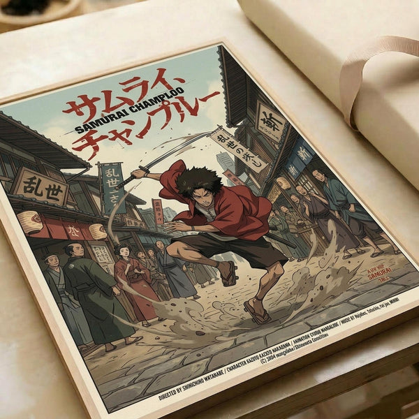 May include: Vintage-style anime poster print displayed on light wood surface with white paper rolls nearby. The artwork shows a character in red clothing mid-action in a traditional Japanese street scene with wooden buildings, shop signs with Japanese text, and onlookers. The illustration uses muted earth tones with detailed linework in a retro comic book aesthetic.