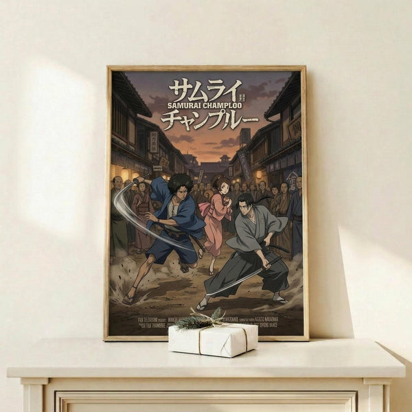 May include: Framed anime poster displayed on light wood shelf against white wall. Shows two samurai warriors with swords in dynamic fighting poses on traditional Japanese street at sunset. One wears blue clothing, other in gray. Pink-clad figure and crowd of onlookers in background between wooden buildings with traditional architecture. Warm orange sky above. Small white wrapped gift box with green sprig sits on shelf beside the thin wooden frame.