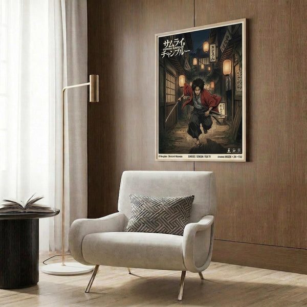 May include: Framed anime poster mounted on wood-paneled wall above beige upholstered armchair with geometric pillow. Poster shows samurai character in red jacket walking through lantern-lit Japanese street at night. Modern reading nook with gold floor lamp and dark side table with open book. Warm lighting creates cozy atmosphere in contemporary interior space.