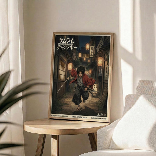 May include: Framed anime poster showing a samurai character with dark hair in red and gray clothing, holding a sword while running through a traditional Japanese street at night with paper lanterns. The artwork is displayed in a light wood frame on a round wooden side table next to a beige upholstered chair, with natural sunlight streaming across white walls and a plant visible in the corner.