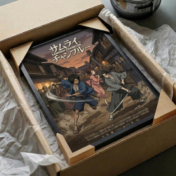 May include: Framed anime poster in wooden box with protective tissue paper wrapping. Artwork shows three animated characters in traditional Japanese clothing engaged in sword fighting scene in historic village setting with warm orange sunset sky. Print features bold Japanese text at top. Wooden frame sits in cardboard shipping box on white fabric surface.