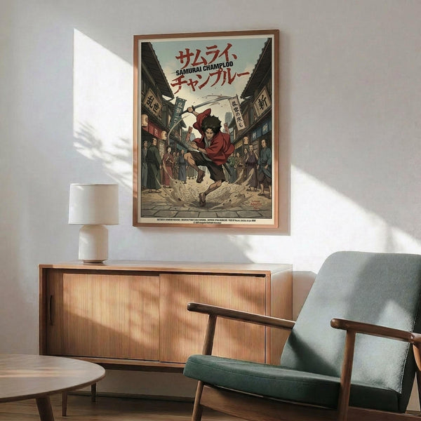 May include: Framed anime poster displayed on white wall above wooden sideboard with lamp, showing dynamic illustration of dark-haired character in red clothing leaping through traditional Japanese street scene with onlookers, rendered in vintage comic book style with Japanese text at top, warm natural lighting casting shadows across mid-century modern furniture including mint green upholstered chair