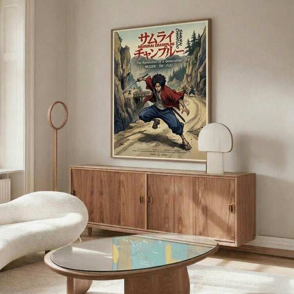 May include: Framed anime poster showing samurai character in red jacket and blue pants wielding sword in mountainous landscape, displayed above wooden sideboard in modern living room with white curved chair, glass coffee table, and warm lighting creating shadows on beige walls.
