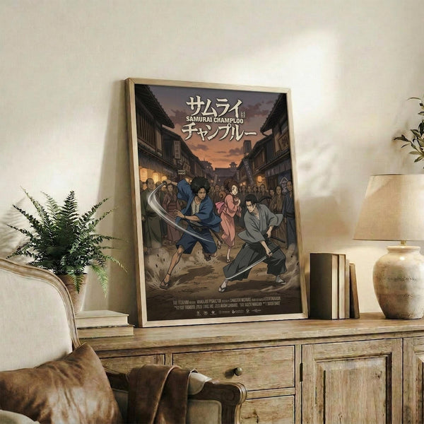 May include: Framed anime poster displayed on rustic wooden sideboard in cozy living room setting. The artwork shows samurai characters in traditional Japanese street scene with warm sunset colors. Scene includes cream armchair, potted fern, ceramic vase, and stacked books creating homey atmosphere with soft natural lighting.