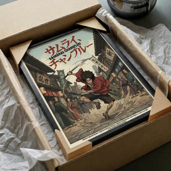 May include: Framed anime poster showing a character with dark hair in red clothing jumping through a traditional Japanese street scene with wooden buildings and signs. The artwork features muted green and brown tones with Japanese text at the top. Frame appears black, sitting in an open cardboard shipping box with white tissue paper padding on a white surface.