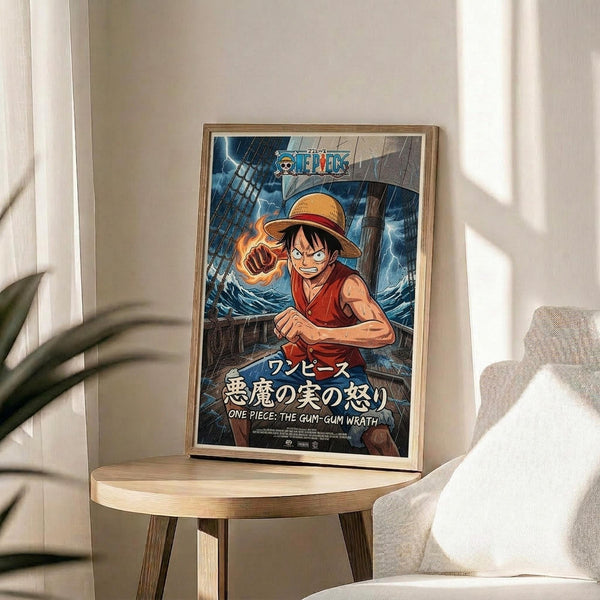 May include: Framed One Piece anime poster featuring Luffy in his signature straw hat and red vest, fist glowing with power against a stormy ship background. Japanese text visible below character. Natural wood frame displayed on round wooden side table next to beige upholstered chair, with plant leaves and soft window lighting creating shadows in minimalist room setting.