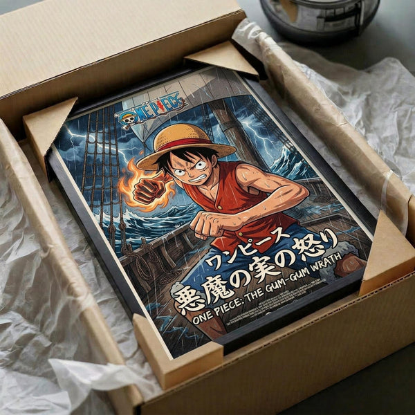 May include: Framed One Piece anime poster showing Luffy in his signature straw hat and red vest with a flaming fist, set against a stormy ocean scene with a ship. The artwork features dramatic blue and orange colors with Japanese text below. Black frame is packed in brown cardboard box with protective white tissue paper on a wooden surface.