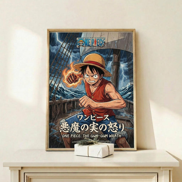 May include: Framed One Piece anime poster displayed on light wood shelf against cream wall. The artwork shows Luffy in his signature straw hat and red vest with flaming fist, set against stormy ship scene with lightning. Japanese and English text below character. Small white gift box sits beside the wooden-framed print on minimalist shelf.